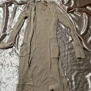 Elegant Tan Knit Long Cardigan Dress